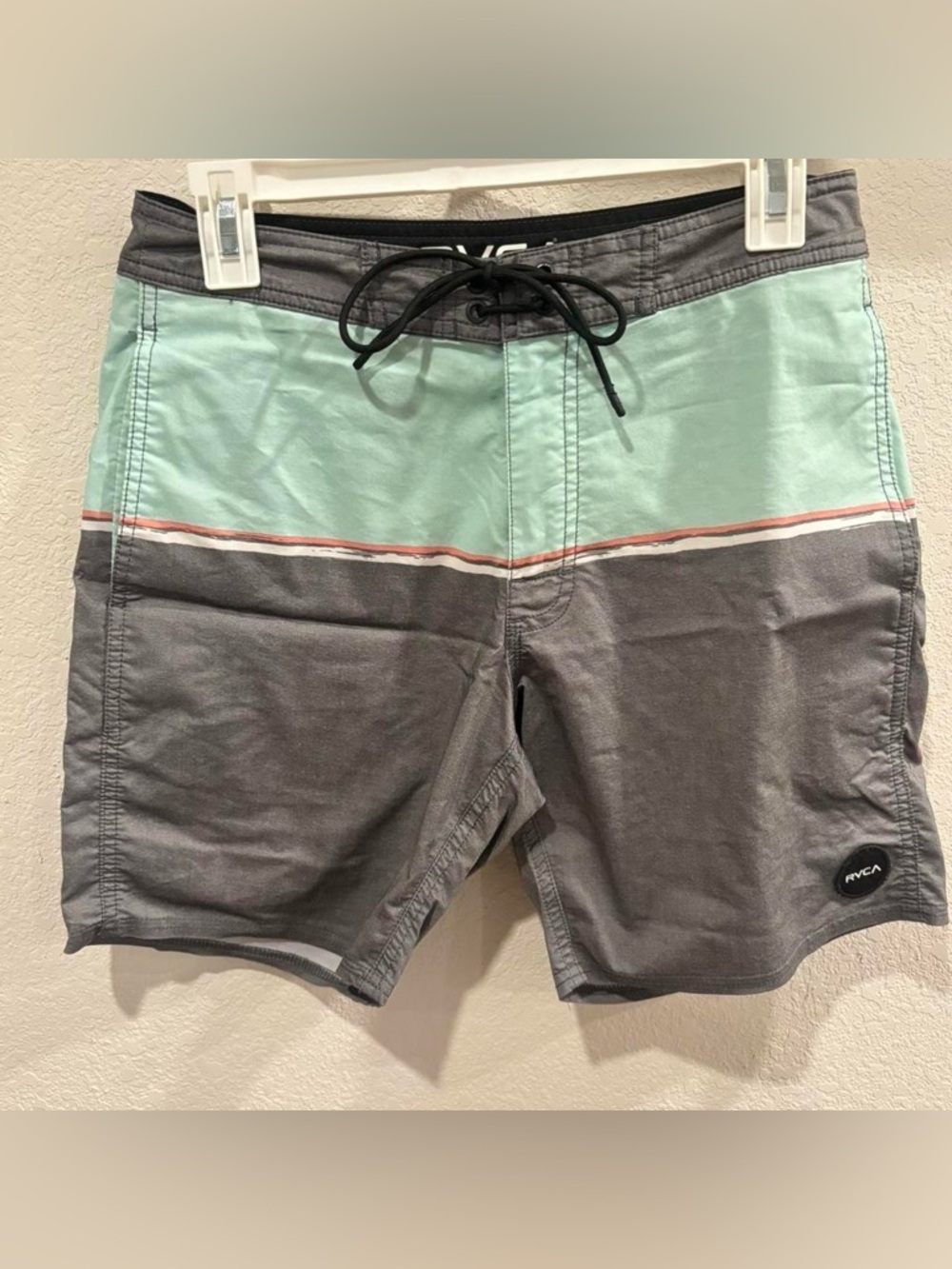 RVCA Men’s Mint and Gray Colorblock Boardshorts with Subtle Coral Stripe
